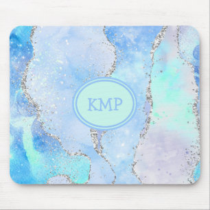 Mousepad Monograma com redemoinho de mármore prateado verde