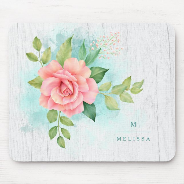 Mousepad Monograma Cor de Água Turquesa Rosa Rosa Midosa (Frente)