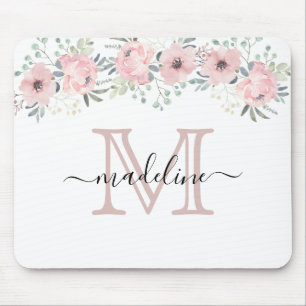 Mousepad Monograma Cor-de-Rosa Blush Floral Moderno Elegant