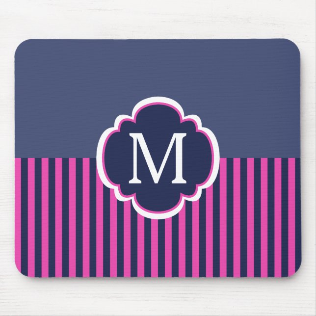 Mousepad Monograma cor-de-rosa das listras dos azuis (Frente)