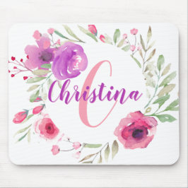 Mousepad Monograma cor-de-rosa floral feminino chique