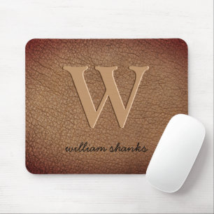 Mousepad Monograma couro marrom rústico nome em letra doura