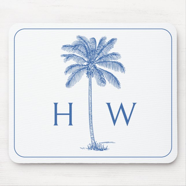 Mousepad Monograma da árvore Palmetto de Palma Azul e Branc (Frente)