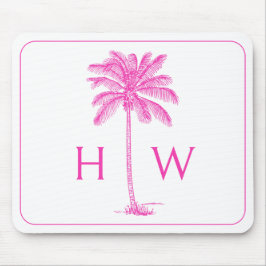 Mousepad Monograma da árvore palmita, rosa e branca