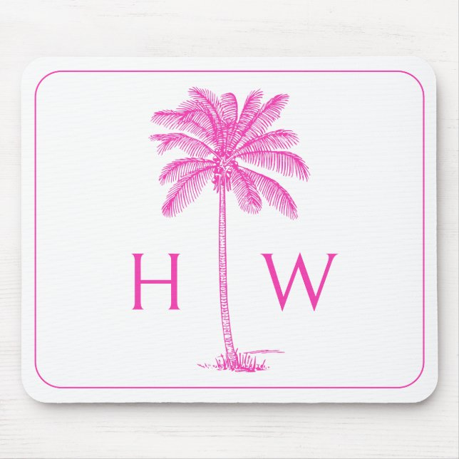 Mousepad Monograma da árvore palmita, rosa e branca (Frente)