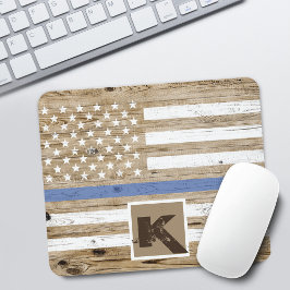Mousepad Monograma da Bandeira EUA Linha Azul Fina Madeira 