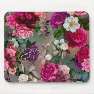 Mousepad Monograma da cinza de flores rosa elegantes