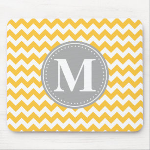 Mousepad Monograma da Cinza de padrão Chevron Amarelo Sunfl