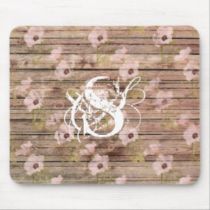 Mousepad Monograma da madeira de Padrão Floral Rosa-chique