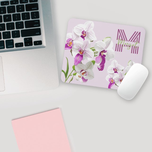 Mousepad Monograma das Orquídeas Brancas Delicadas (Criador carregado)