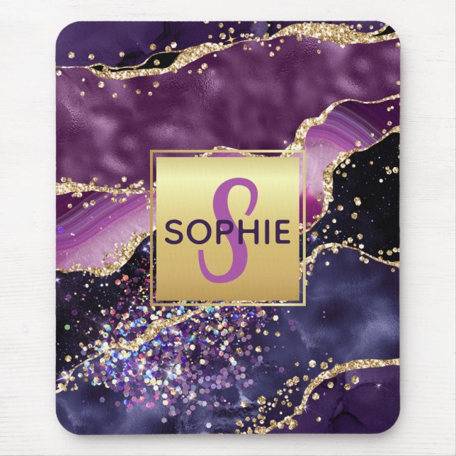 Mousepad Monograma de Ágata Brilhante Roxo & Rosa & Dourado (Frente)