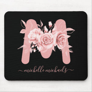Mousepad Monograma de Aquarela Floral a Preto Dourado rosa