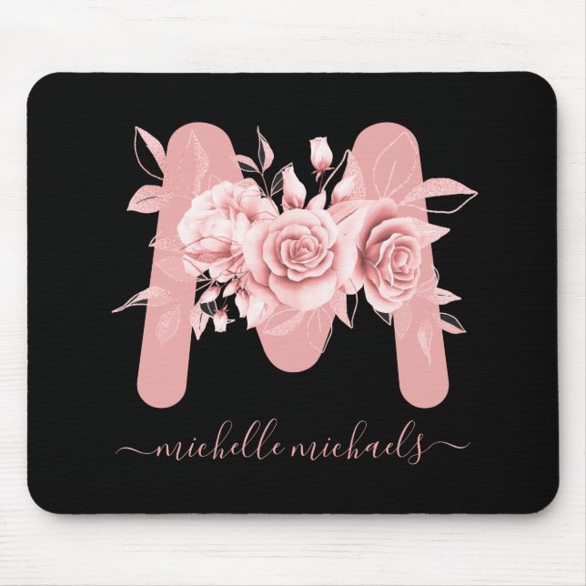 Mousepad Monograma de Aquarela Floral a Preto Dourado rosa (Frente)
