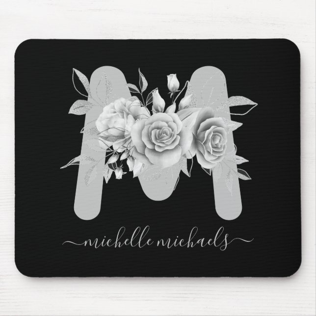 Mousepad Monograma de Aquarela Floral Preta Prata (Frente)