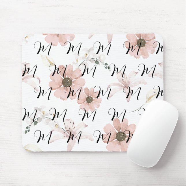 Mousepad Monograma de Arte de Flores Rosa em Aquarela (Com mouse)