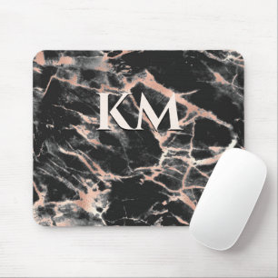Mousepad Monograma de arte em mármore preto elegante rosa d