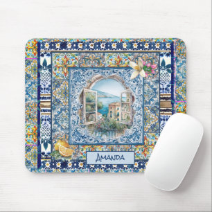 Mousepad monograma de azulejos florais azuis-italianos de v