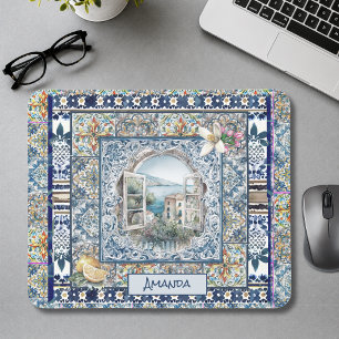 Mousepad monograma de azulejos florais azuis-italianos de v