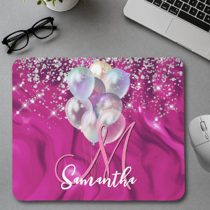 Mousepad Monograma de balão glitter prata falso rosa quente