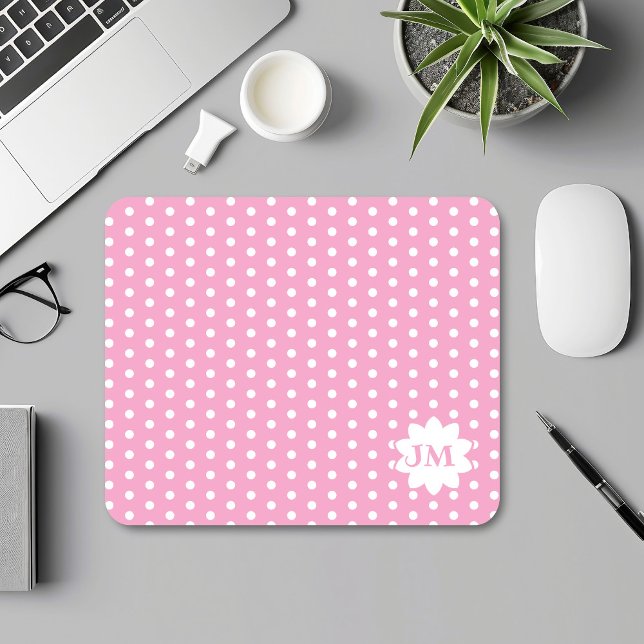 Mousepad Monograma de Bolinhas rosa e branca (Criador carregado)