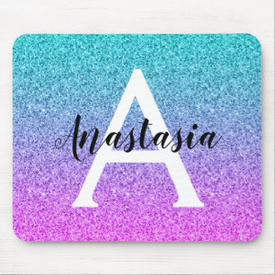 Mousepad Monograma de Brilho Azul, Cor-de-rosa, brilhante