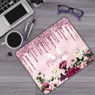 Mousepad Monograma de brilho cor-de-rosa pingando floreado