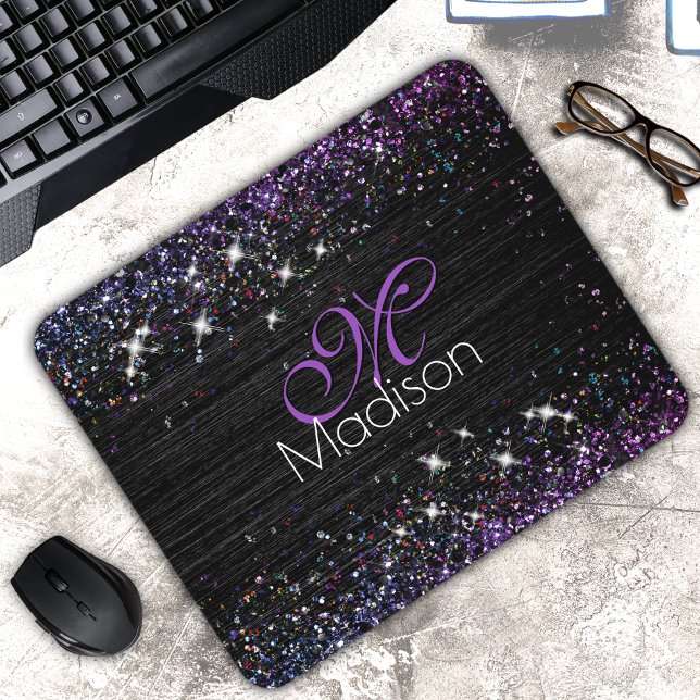 Mousepad Monograma de brilho de metal preto roxo (Criador carregado)