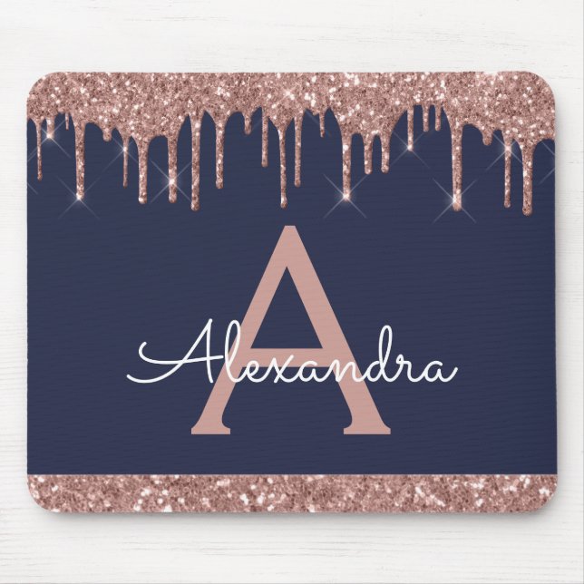Mousepad Monograma de brilho Dourado Rosa azul marinho  (Frente)