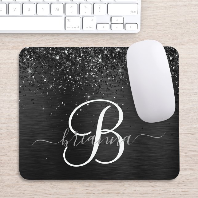 Mousepad Monograma de brilho preto personalizado (Criador carregado)
