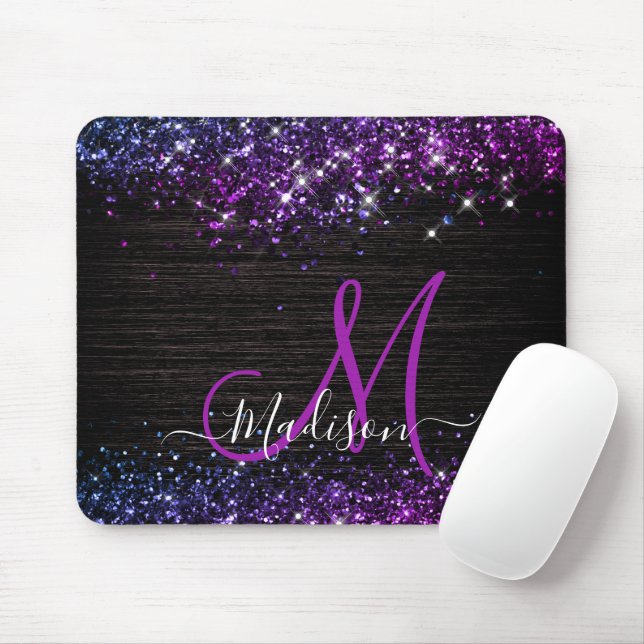 Mousepad Monograma de brilho preto roxo e branco (Com mouse)