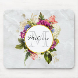Mousepad Monograma de Buquê Floral de Cor de Água Rosa Mode