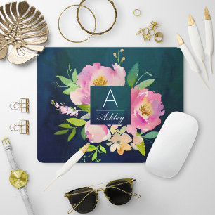 Mousepad Monograma de Buquê Floral de PINK e MARINHO