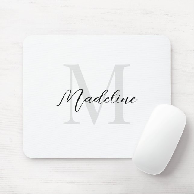 Mousepad Monograma de Caligrafia Branco Simples Elegante (Com mouse)
