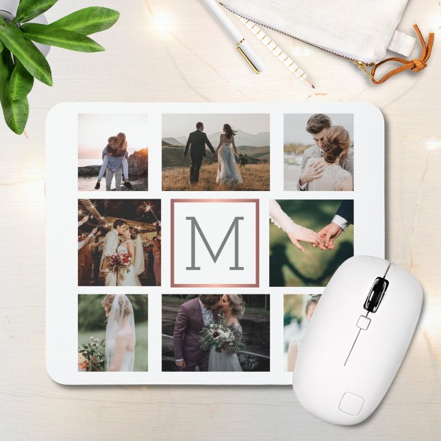 Mousepad Monograma de Colagem de Fotos de Casamento (Criador carregado)