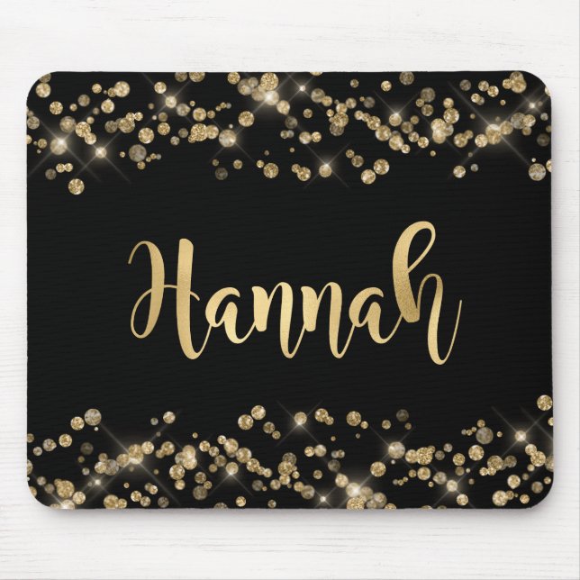 Mousepad Monograma de Confetti Dourado a Preto Moderno (Frente)