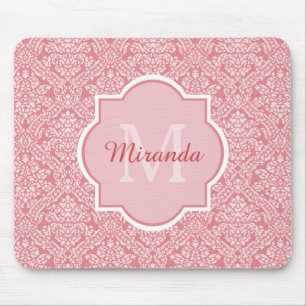 Mousepad Monograma de Cor damasco Rosa bonito com Nome