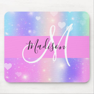 Mousepad Monograma de Corações do Unicórnio Colorido Girly