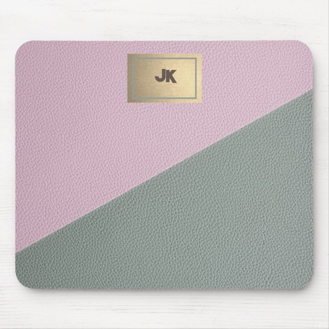 Mousepad Monograma de couro verde-rosa elegante (Frente)
