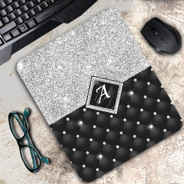 Mousepad Monograma de diamante preto Crystal Silver na moda