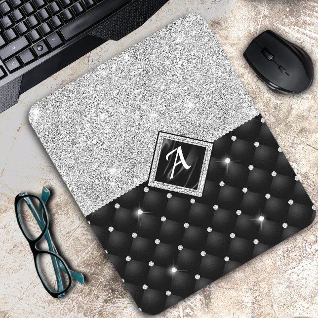 Mousepad Monograma de diamante preto Crystal Silver na moda (Criador carregado)
