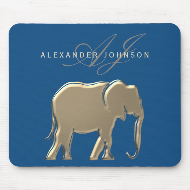 Mousepad Monograma de Elefante Azul e Dourado (Frente)