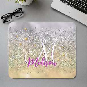 Mousepad Monograma de estrelas cintilantes prateadas e dour