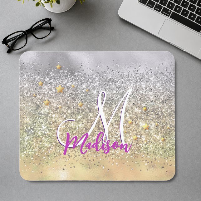 Mousepad Monograma de estrelas cintilantes prateadas e dour (Criador carregado)
