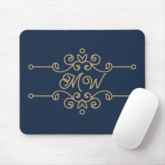 Mousepad Monograma de Floreio Elegante Azul-Elegante Dourad (Com mouse)