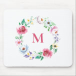 Mousepad Monograma de Flores de Mola de Pastel Aquarela<br><div class="desc">mousepad do tema floral primavera. Apresenta uma camada aquosa de flores azuis,  pincéis,  rosa e roxas. Personalize adicionando um monograma. Este monograma floral é perfeito como presente personalizado.</div>
