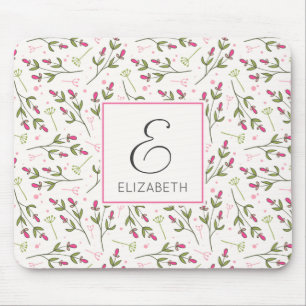 Mousepad Monograma de Flores Selvagens, Rosa e Verde Longas