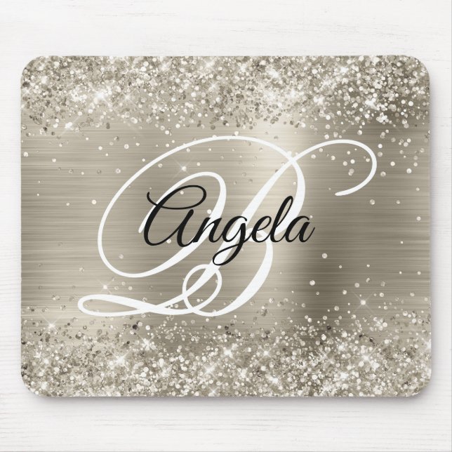 Mousepad Monograma de Folha de Platina Brilhante (Frente)
