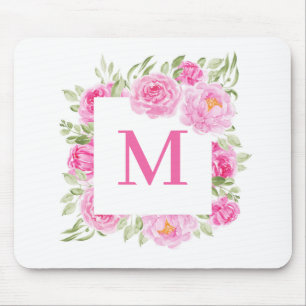 Mousepad Monograma de Frame Floral Quadrado bonito Pink