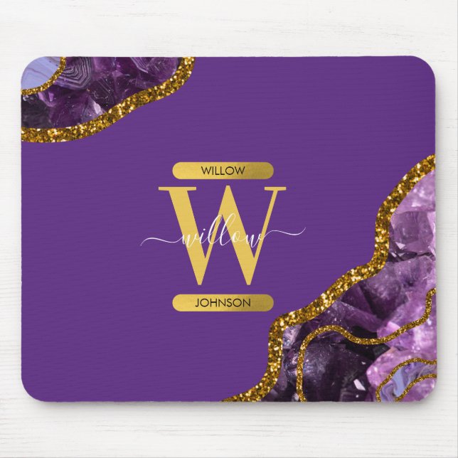 Mousepad Monograma de Glitter de Geodo Agato Puro e Dourado (Frente)