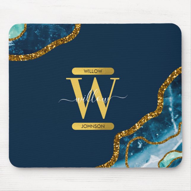 Mousepad Monograma de Glitter de Geodo de Agato Azul e Dour (Frente)